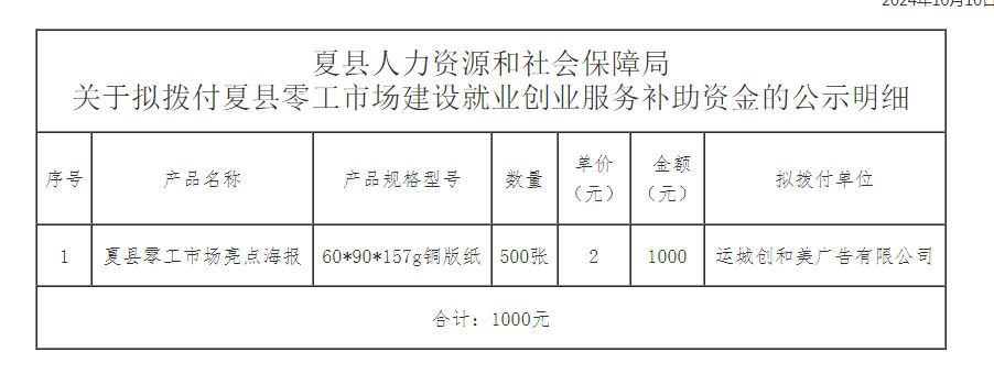 夏县零工市场建设就业创业服务亮点海报补助资金拟拨付公示