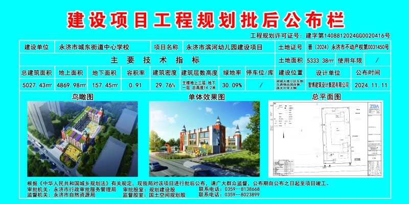 永济市滨河幼儿园建设项目建设工程规划批后公布