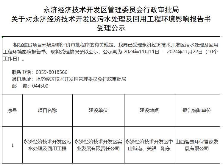 永济开发区污水处理及回用工程环境影响报告书受理公示